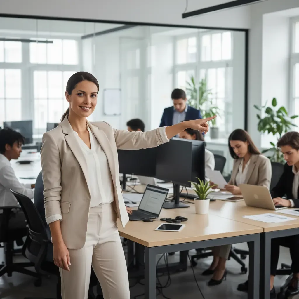 Businesswoman pointing to the right in a modern corporate office with employees working behind her, illustrating tips for smooth company registration in USA.