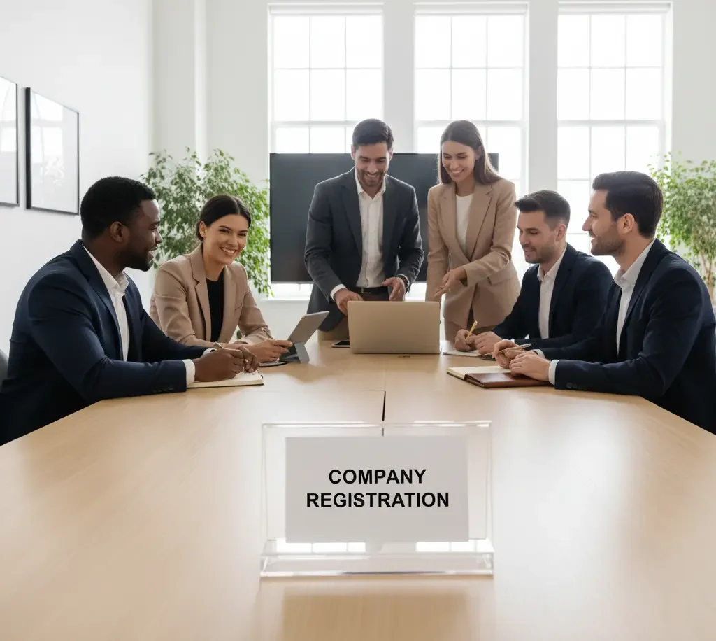 Professional team collaborating in an office environment with a tabletop stand displaying ‘Company Registration’