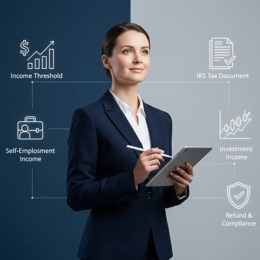Businesswoman with tax-related icons representing federal tax filing requirements in a modern office.
