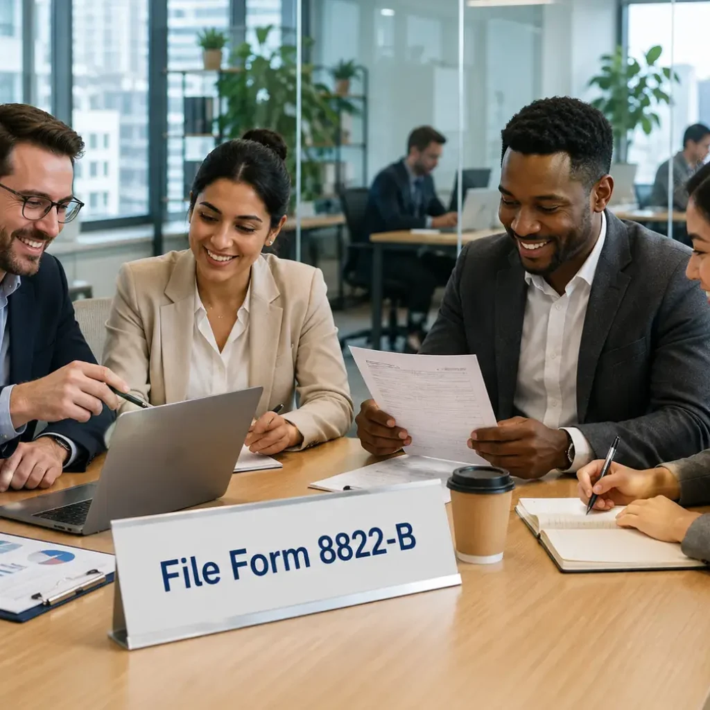 Business professionals discussing how to file Form 8822-B for change of address and responsible party update with the IRS in a modern office environment.