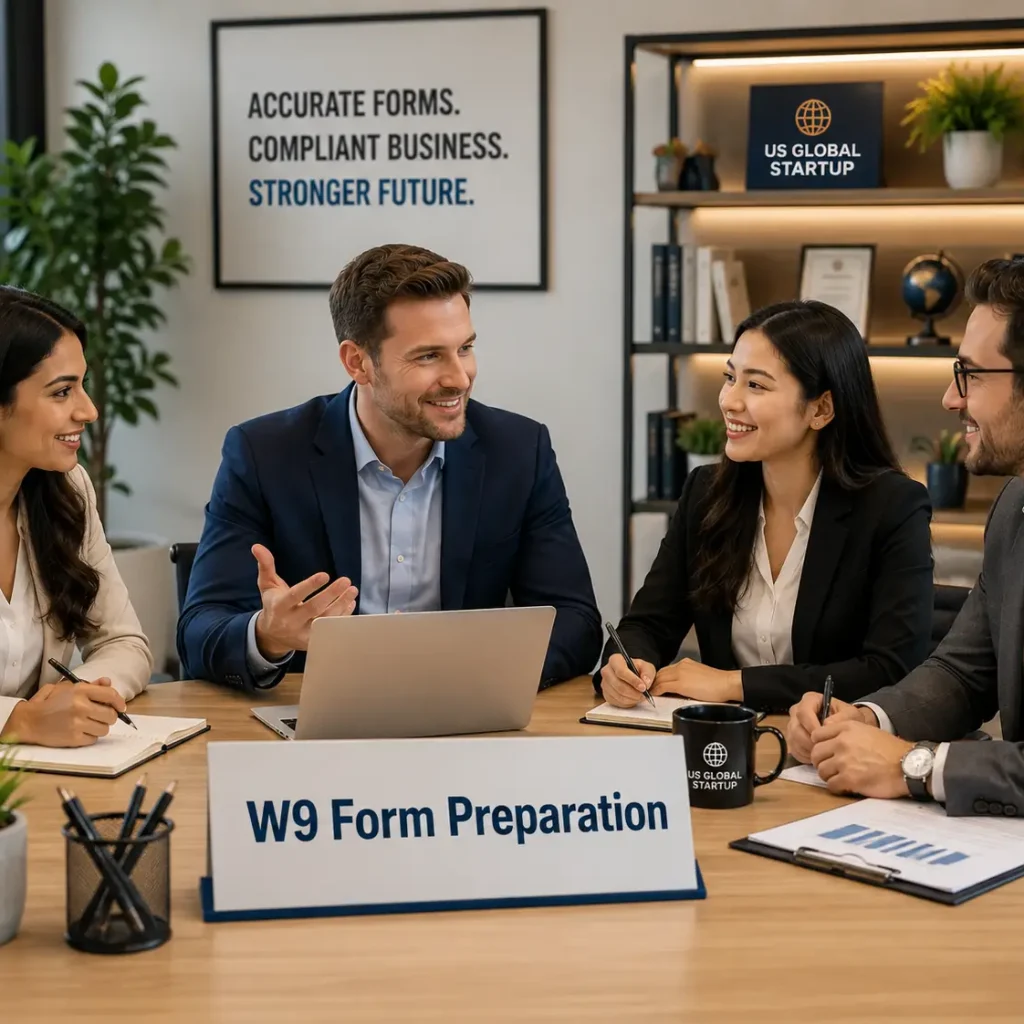 Professional American business team discussing IRS W9 form preparation service online in a modern office for USA businesses by US Global Startup.