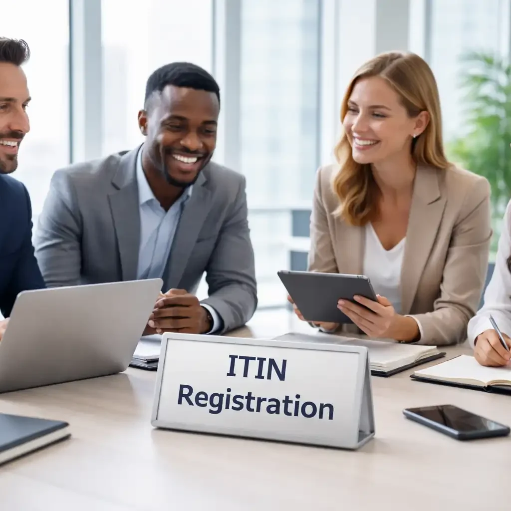 Business team collaborating in office with ITIN Application sign for USA services.