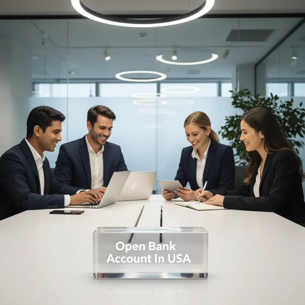 A diverse business team collaborating in a modern office with a clear acrylic desk block displaying ‘Open Bank Account In USA’.