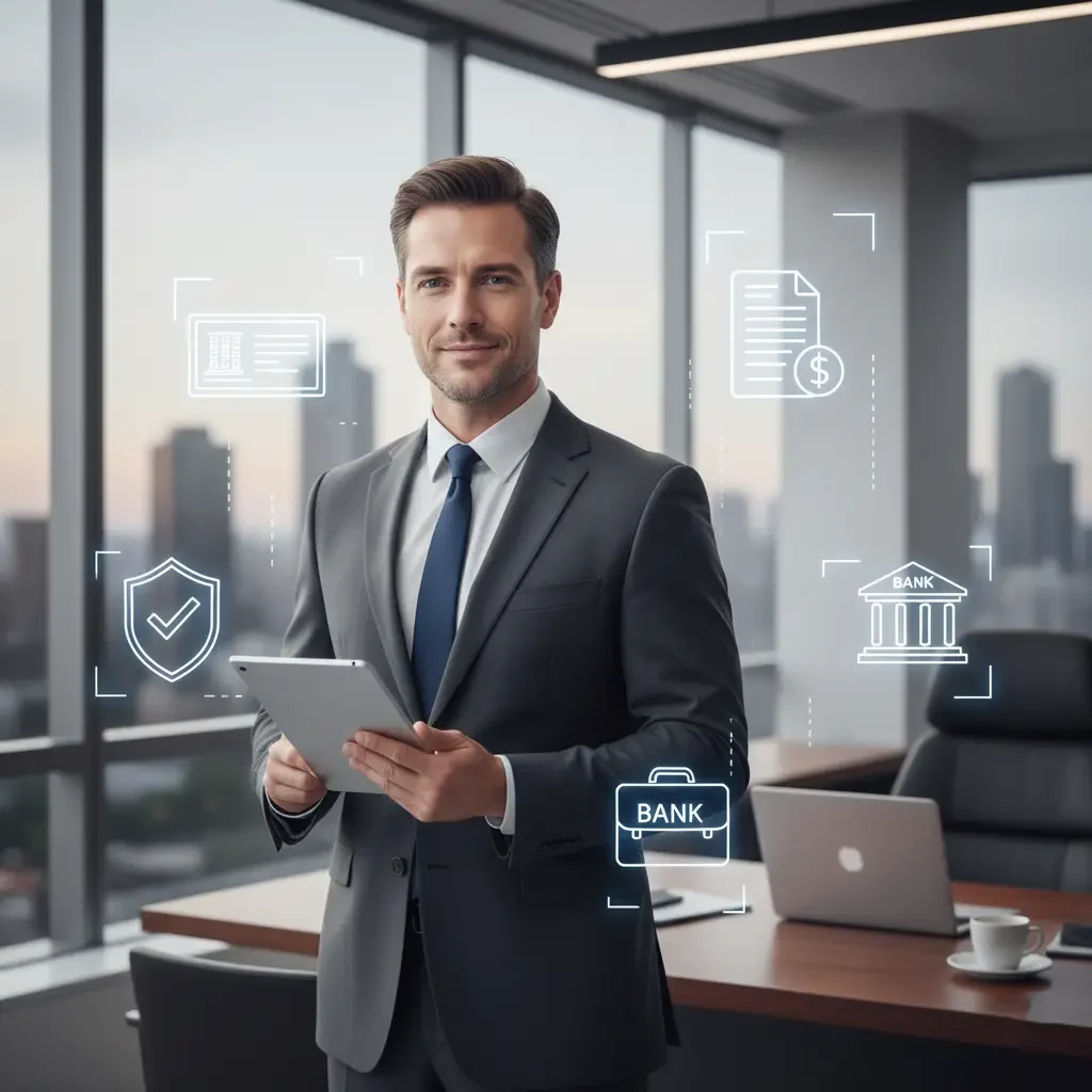 Business professional standing in a modern office holding a tablet with banking icons, representing opening a U.S. business bank account for Entrepreneurs