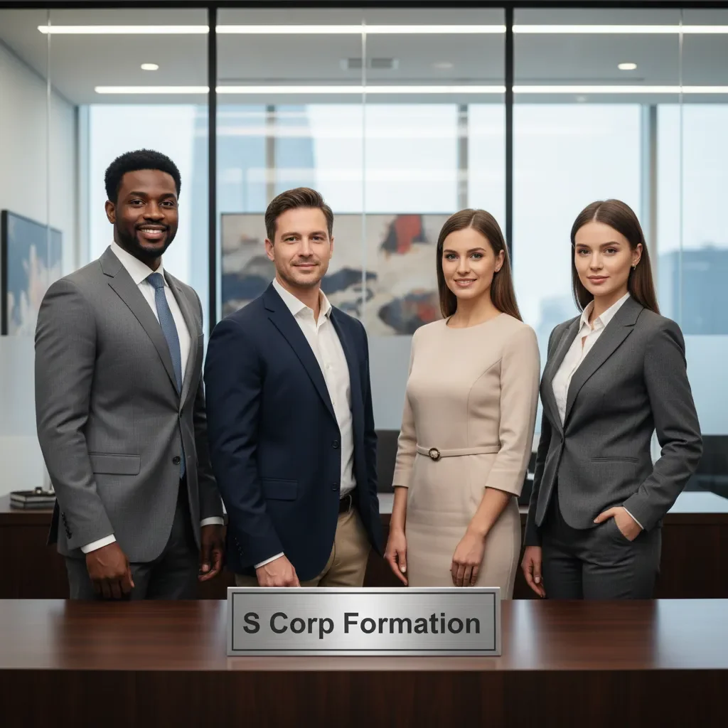 Four diverse professionals standing confidently behind a desk with a metallic sign labeled ‘S Corp Formation’ in a modern U.S. corporate office.