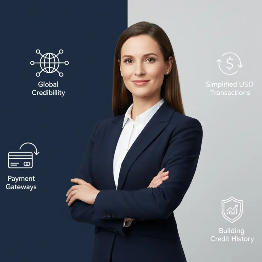 Businesswoman in a modern office with icons showing U.S. bank account benefits: global credibility, access to payment gateways, simplified USD transactions, and building a US credit history.