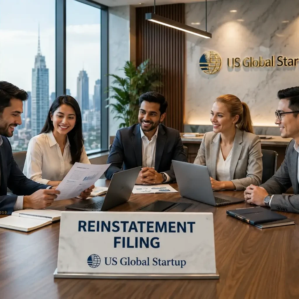 Professional business team discussing Reinstate LLC & Corporation Online filing services at US Global Startup office