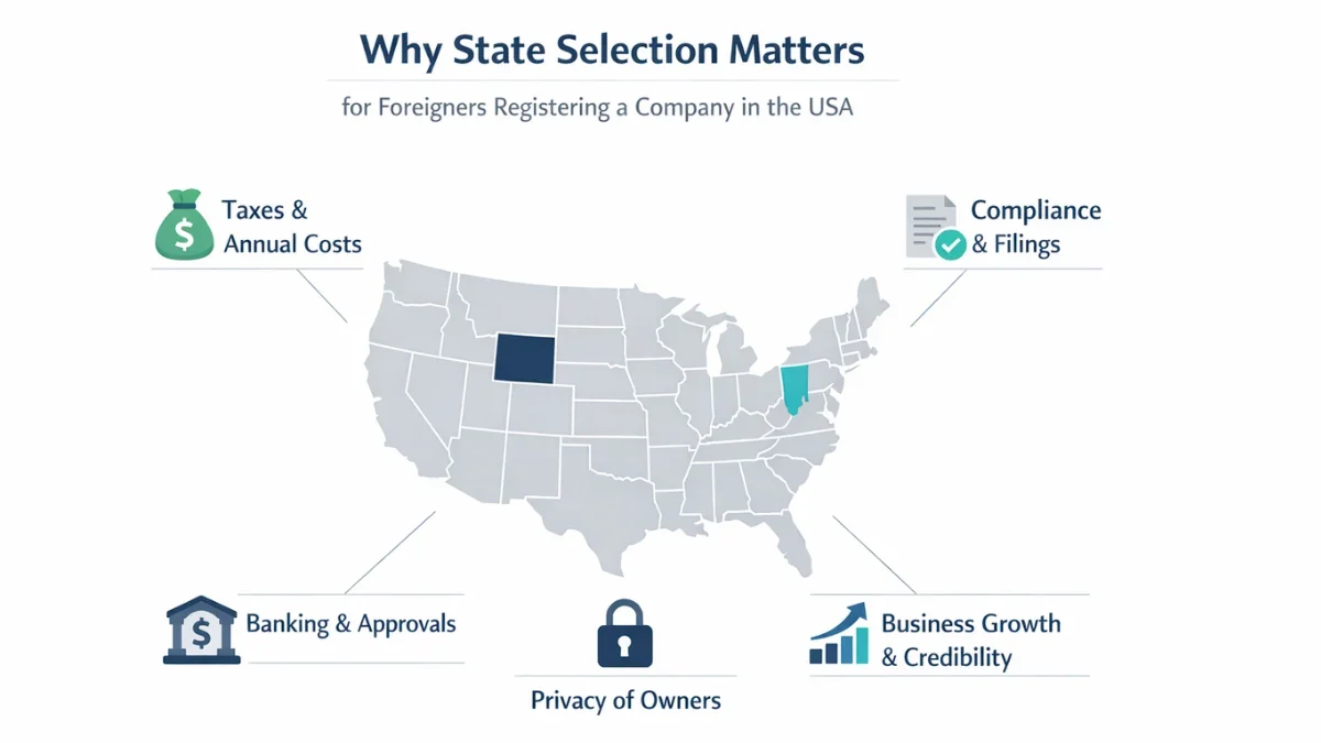 Why state selection matters for foreigners registering a company in USA infographic
